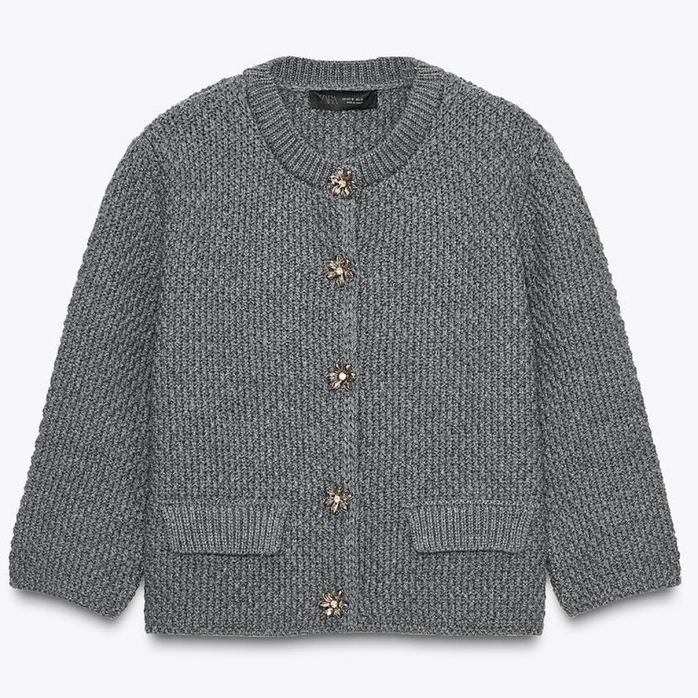 ZARA Grey Knit Cardigan with Rhinestone Buttons Size Medium